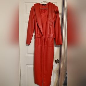 Red faux leather long coat